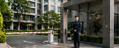 保全人員於社區車道入口執勤