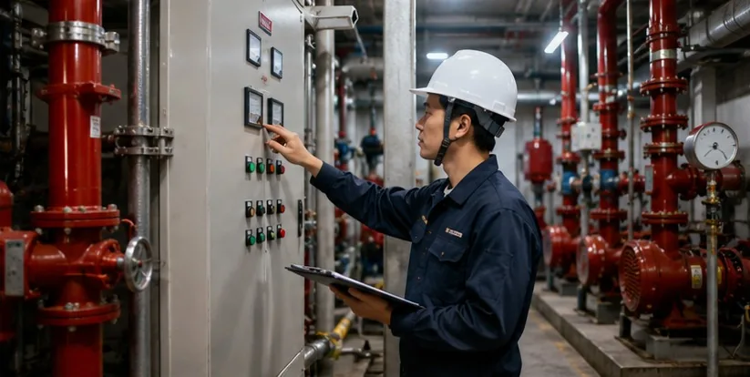 機電消防技術人員巡檢消防管線與設備控制盤